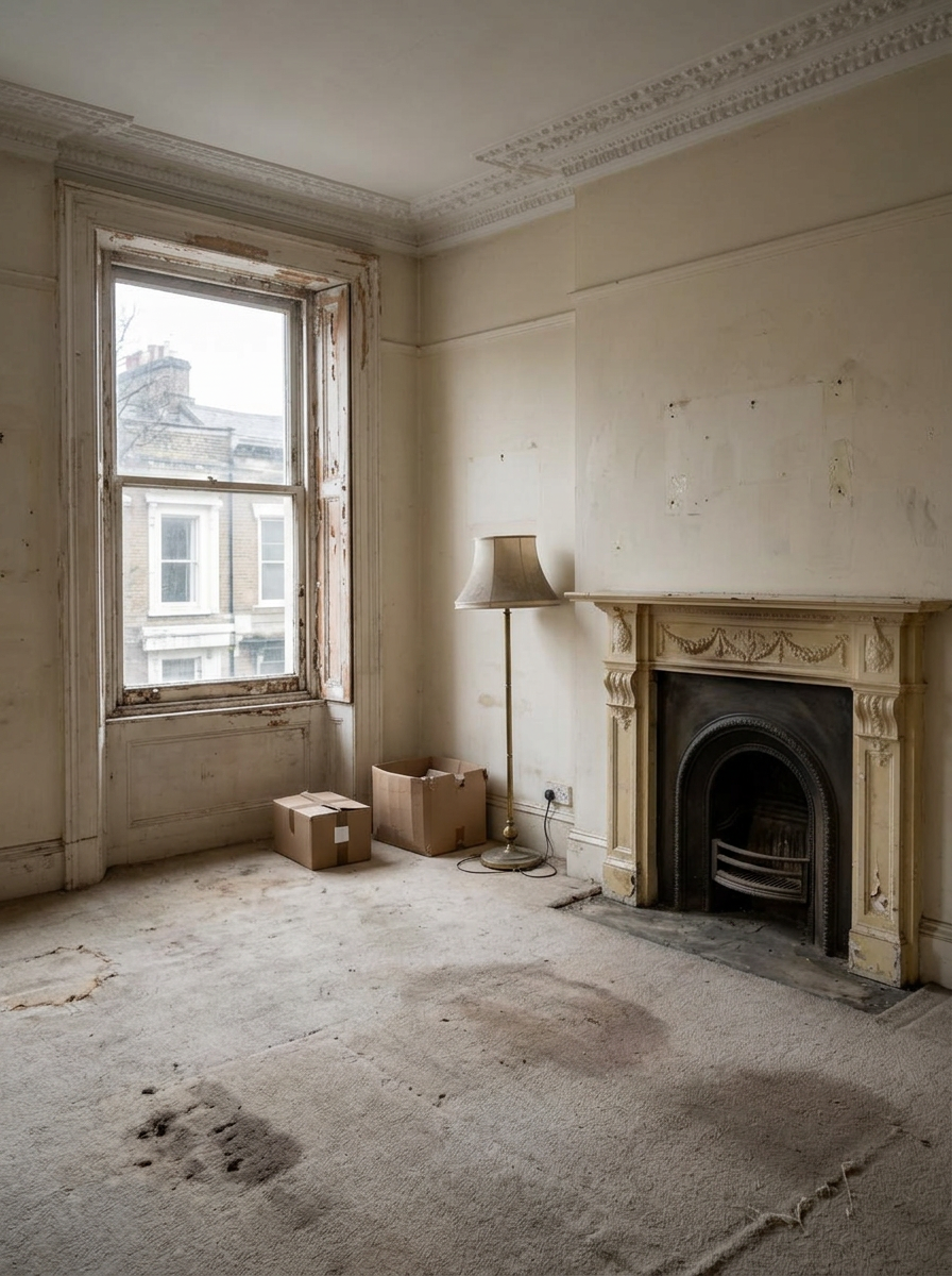 The same living room before the refresh: tired magnolia walls, worn carpet and flaking paint